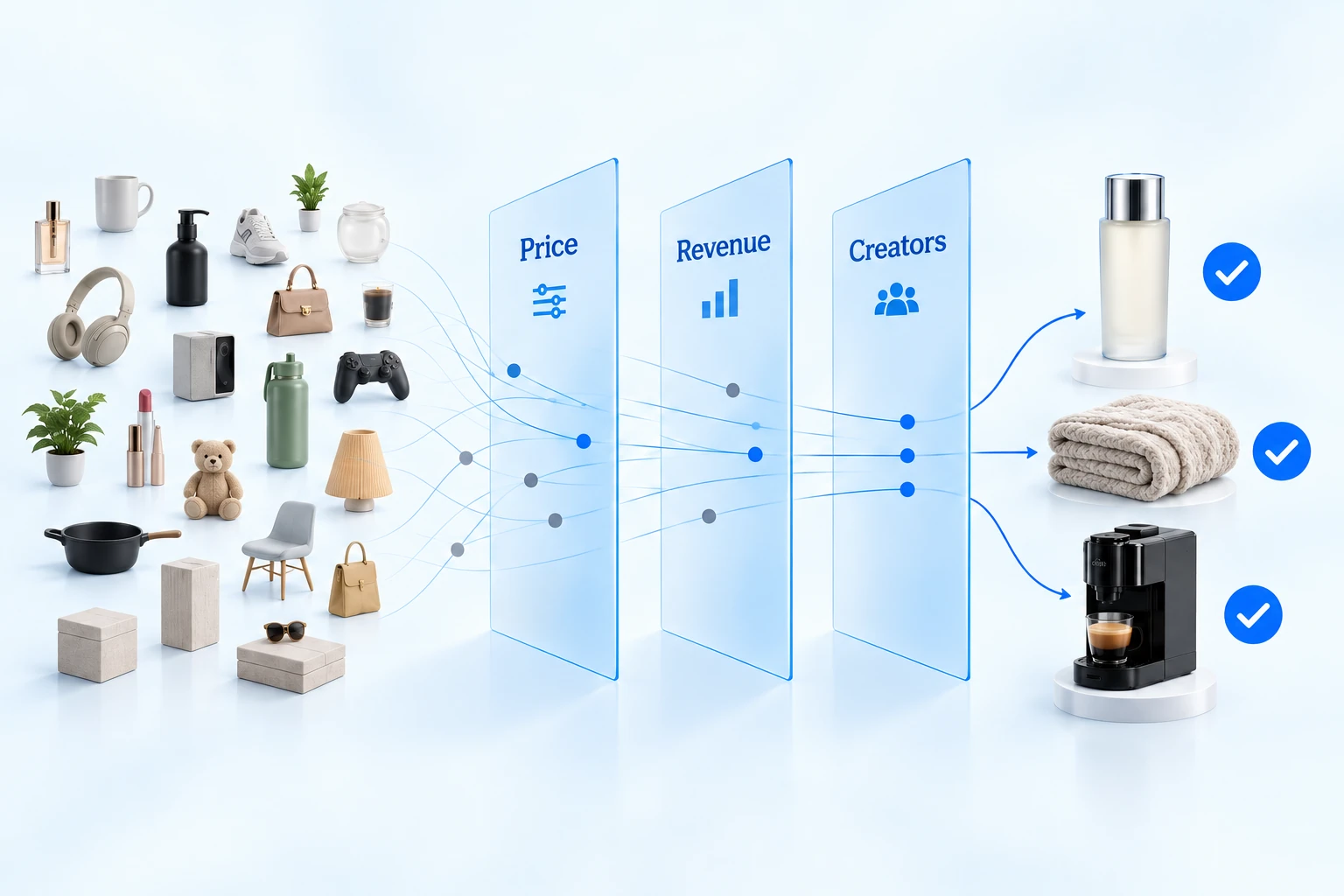 AI-generated concept illustration: Pinpoint winning products with precision filters. Illustrative products and analytics, not a product screenshot.